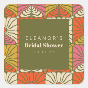 Groovy Vintage Groene Bloemige Bruiloft Custom Vierkante Sticker