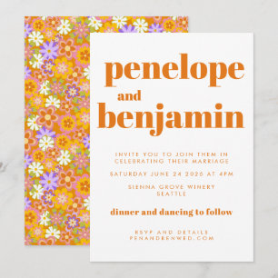 Groovy Vintage Oranje Bloemen Trouwkaart Kaart