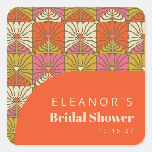 Groovy Vintage Oranje Bloemrijke Bruiloftsshower C Vierkante Sticker (Voorkant)