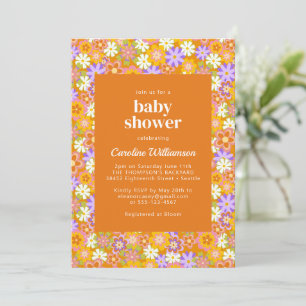 Groovy Vintage Oranje Paarse Bloemen Baby Shower Kaart