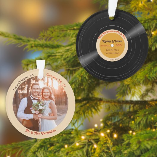 Groovy Vinyl Record Eerste Getrouwde Kerstfoto Ornament