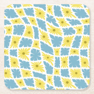 Groovy Wavy Trippy 60s Bloem Controles Geel Blauw Kartonnen Onderzetters