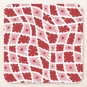 Groovy Wavy Trippy 60s Bloem Controles Rood Roze Kartonnen Onderzetters