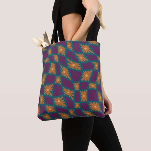 Groovy Wavy Trippy 60s Flower Controls Sinaasappel Tote Bag (Dichtbij)