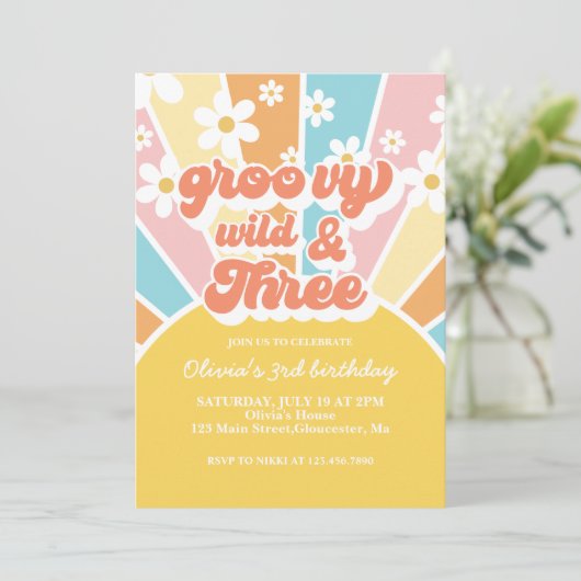Groovy Wild Drie Retro Sunshine Rainbow Daisy Kaart (Staand voorkant)