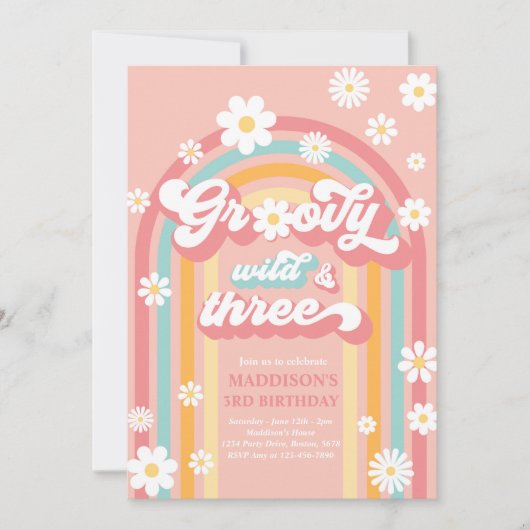 Groovy Wild en Drie Boho Daisy Rainbow Birthday Kaart (Voorkant)