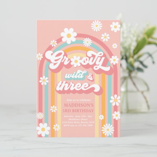 Groovy Wild en Drie Boho Daisy Rainbow Birthday Kaart (Staand voorkant)