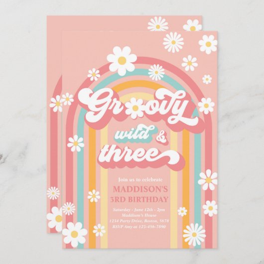 Groovy Wild en Drie Boho Daisy Rainbow Birthday Kaart (Voorkant / Achterkant)