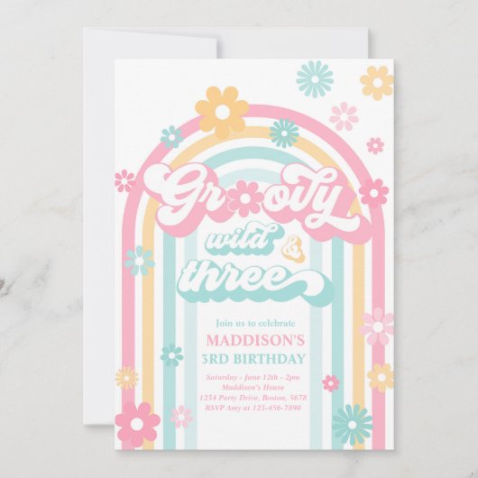 Groovy Wild en Drie Boho Daisy Rainbow Birthday Kaart (Voorkant)