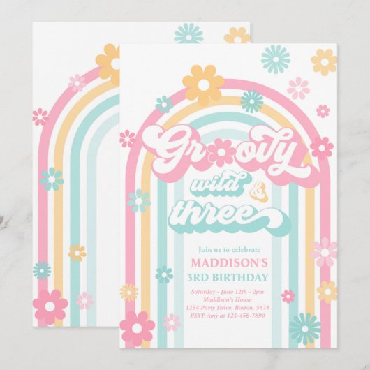 Groovy Wild en Drie Boho Daisy Rainbow Birthday Kaart (Voorkant / Achterkant)