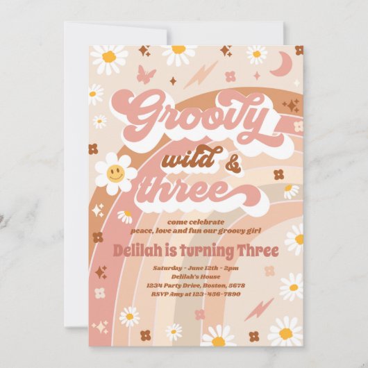 Groovy Wild en Drie Hippie 3e verjaardag Partij Kaart (Voorkant)