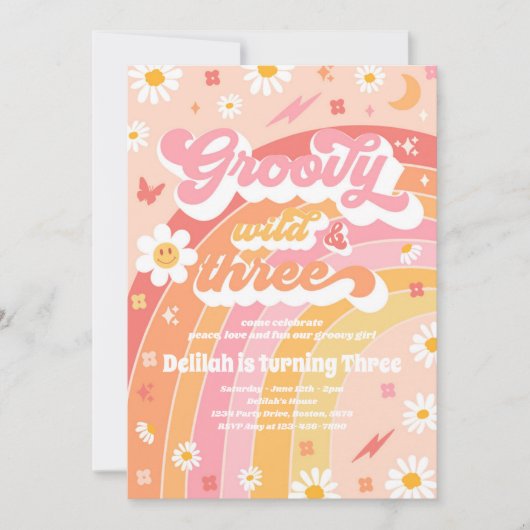 Groovy Wild en Drie Hippie 3e verjaardag Partij Kaart (Voorkant)