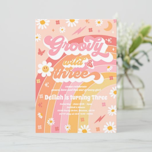 Groovy Wild en Drie Hippie 3e verjaardag Partij Kaart (Staand voorkant)