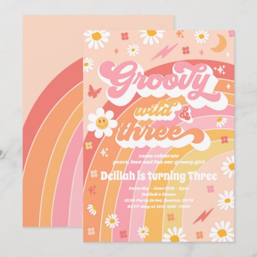 Groovy Wild en Drie Hippie 3e verjaardag Partij Kaart (Voorkant / Achterkant)