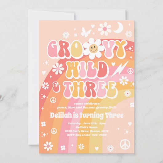 Groovy Wild en Drie Hippie 3e verjaardag Partij Kaart (Voorkant)