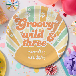 Groovy wild en drie retro zon kinderen verjaardag papieren bordje