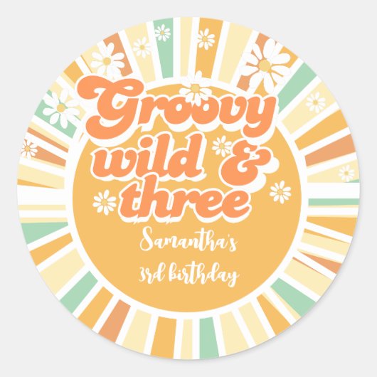 Groovy wild en drie retro zon kinderen verjaardag ronde sticker (Voorkant)