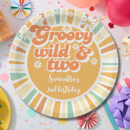 Groovy wild en twee retro zon kinderen verjaardag papieren bordje