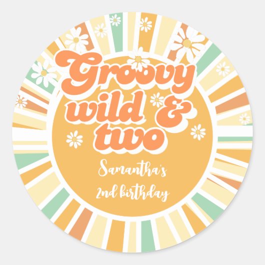 Groovy wild en twee retro zon kinderen verjaardag ronde sticker (Voorkant)