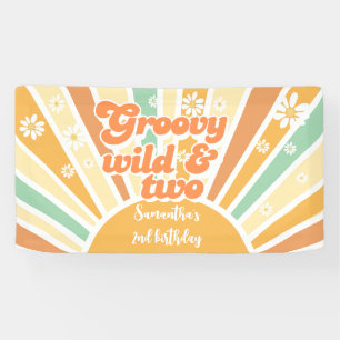 Groovy wild en twee retro zon kinderen verjaardag spandoek
