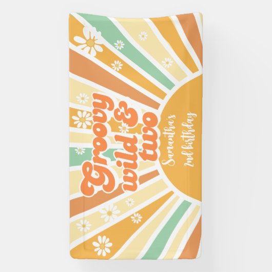 Groovy wild en twee retro zon kinderen verjaardag spandoek (Verticaal)