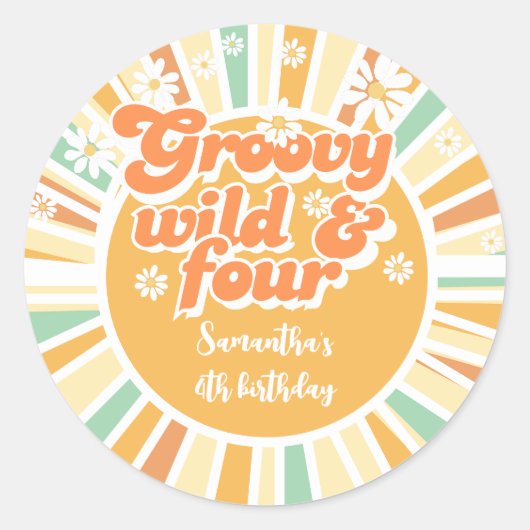 Groovy wild en vier retro zon kinderen verjaardag ronde sticker (Voorkant)