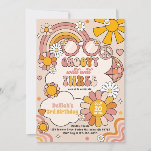 Groovy Wild & Three Flower Power Regenboog Verjaar Kaart (Voorkant)