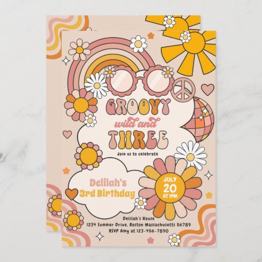 Groovy Wild & Three Flower Power Regenboog Verjaar Kaart (Voorkant / Achterkant)