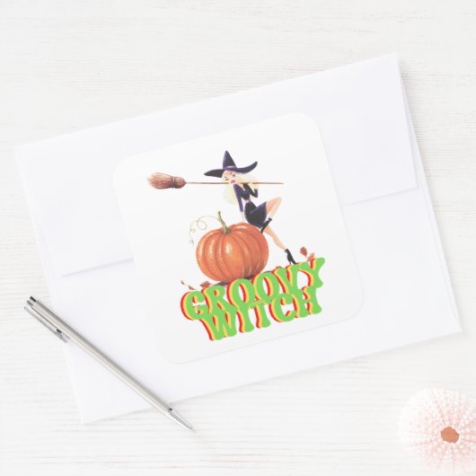 GROOVY WITCH grappige Halloween heks Vierkante Sticker (Envelop)