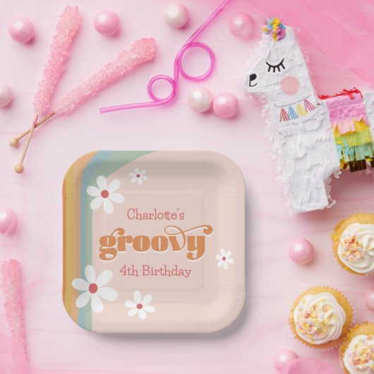 Groovy Witte Daisies Meisje's 4e Verjaardagsfeestj Papieren Bordje (Feest)