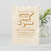 Groovy Young Wild Drie Retro Daisy 3de Verjaardag Kaart (Staand voorkant)