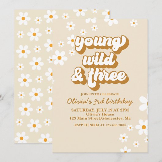 Groovy Young Wild Drie Retro Daisy 3de Verjaardag Kaart (Voorkant / Achterkant)