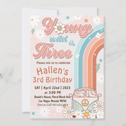 Groovy Young Wild & Three Rainbow 3rd Birthday Kaart (Voorkant)