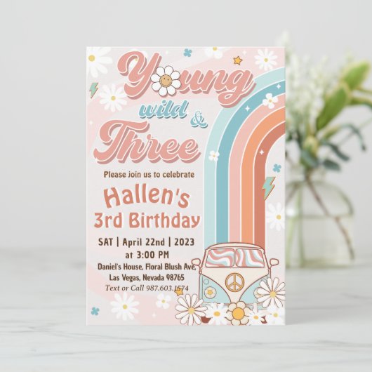 Groovy Young Wild & Three Rainbow 3rd Birthday Kaart (Staand voorkant)