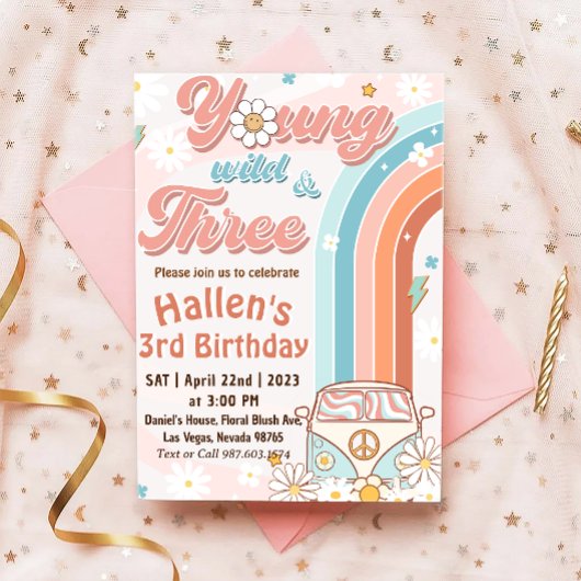 Groovy Young Wild & Three Rainbow 3rd Birthday Kaart