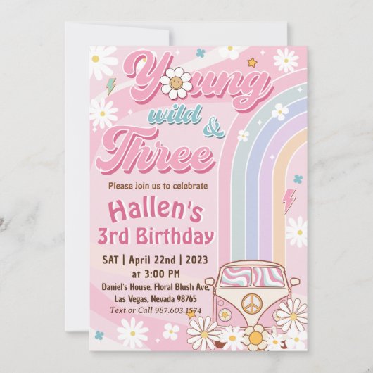 Groovy Young Wild & Three Rainbow 3rd Birthday Kaart (Voorkant)