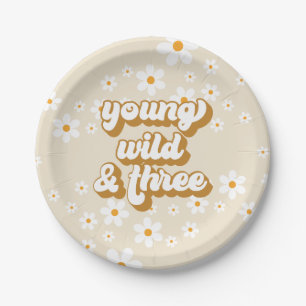 Groovy Young Wild Three Retro Daisy 3de verjaardag Papieren Bordje