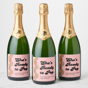 Groovy Ze is er klaar voor om Retro Stofrozen Roze Sparkling Wijnetiket