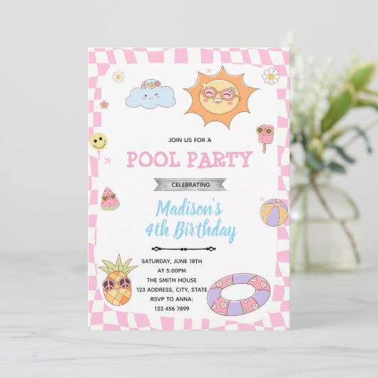 Groovy zomer zwembad party uitnodiging (Staand voorkant)
