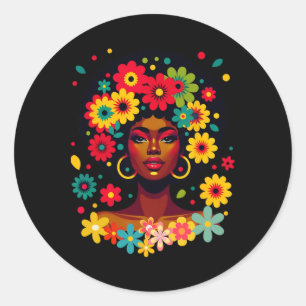 Groovy zwarte vrouw melanine met bloemen Afro Prid Ronde Sticker
