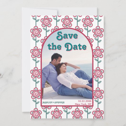 Groovymagenta en blauwgroen bloemen 70s geïnspiree save the date (Voorkant)