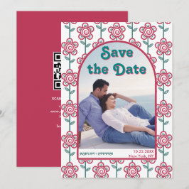 Groovymagenta en blauwgroen bloemen 70s geïnspiree save the date