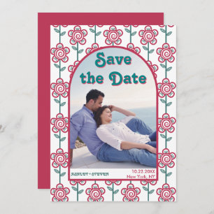 Groovymagenta en blauwgroen bloemen 70s geïnspiree save the date