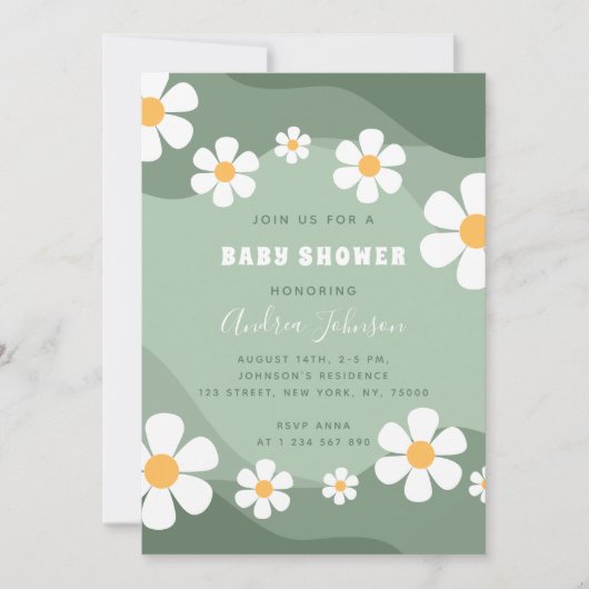 GroovySage Green Retro Boho Daisy Baby shower Kaart (Voorkant)