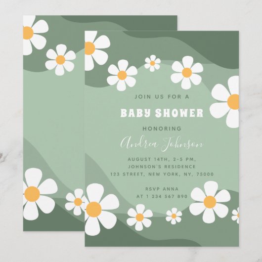 GroovySage Green Retro Boho Daisy Baby shower Kaart (Voorkant / Achterkant)