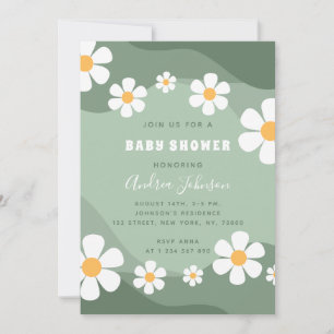 GroovySage Green Retro Boho Daisy Baby shower Kaart