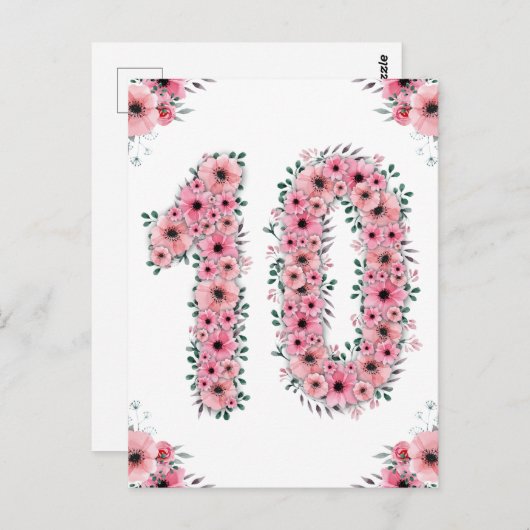 Grote 10e verjaardag Roze Bloemen Meisje Groen Loo Briefkaart (Voorkant / Achterkant)