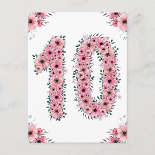 Grote 10e verjaardag Roze Bloemen Meisje Groen Loo Briefkaart (Voorkant)