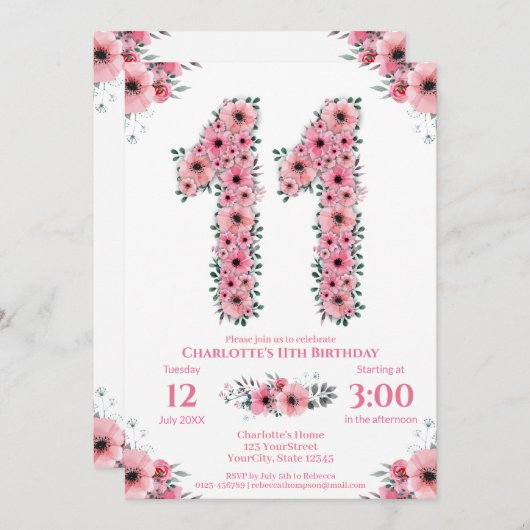 Grote 11e verjaardag Groene olievlek Meisroze bloe Kaart (Voorkant / Achterkant)