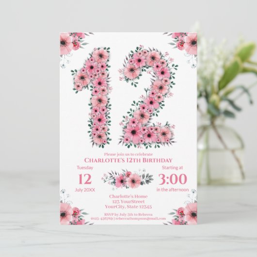 Grote 12e verjaardag Groene olievlek Meisroze bloe Kaart (Staand voorkant)